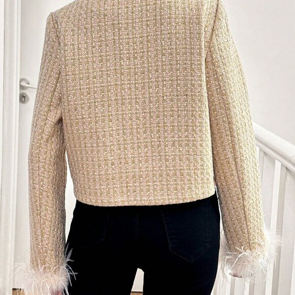 Khaki Elegant Women's Round Neck Button Long Sleeve Tweed Faux Fur Trim Jacket - Picture 2 of 5